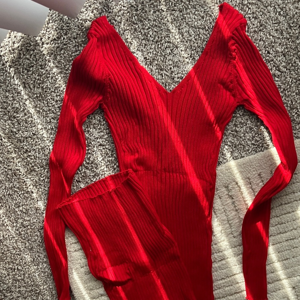 Vibrant Red Ribbed Knit Dress